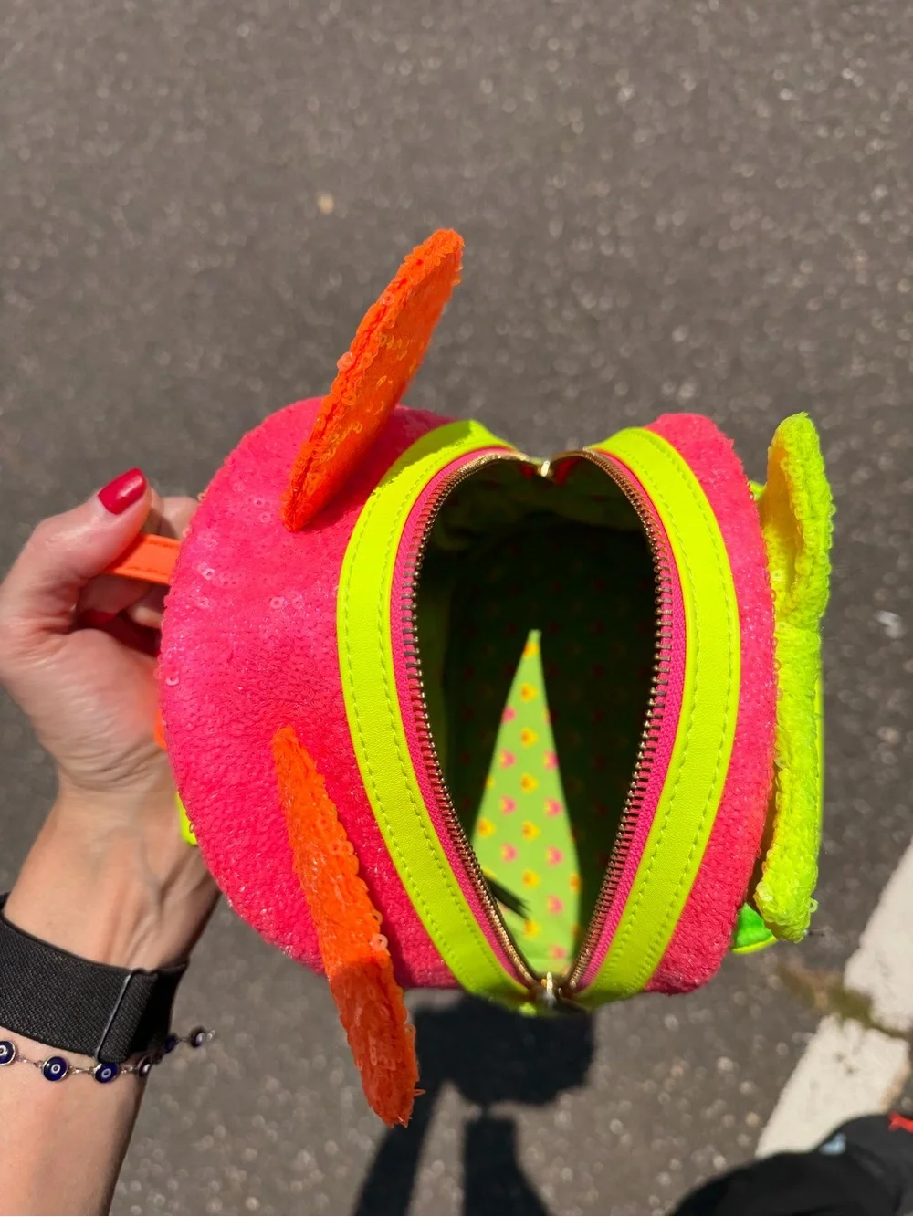 EUC wo tags Loungefly Neon Sequin Kids Mini Backpack - Pink, Neon Green & Orange